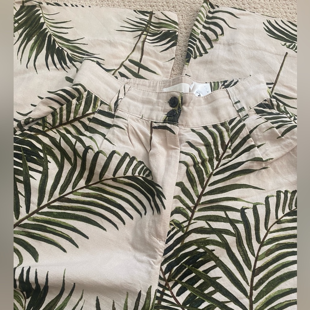 H&M Pleated Ultra Wide Leg Pants Size 4 Linen Blend Palm Leaf Print 🌴 Very Chic - Picture 4 of 12